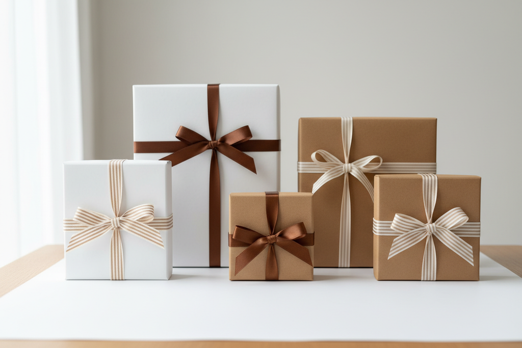 Minimalistische Geschenkboxen klassische weisse und braune boxen, mit beigem , braunen Satinband